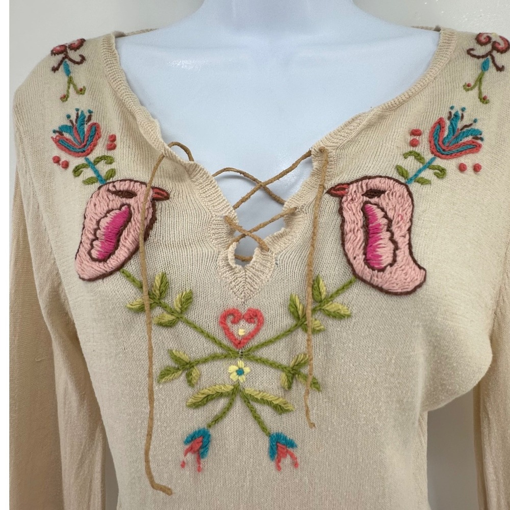 Y2L Twiggy Embroidered Sweater  Cottagecore Boho Floral Hippie Women L Beige Vtg